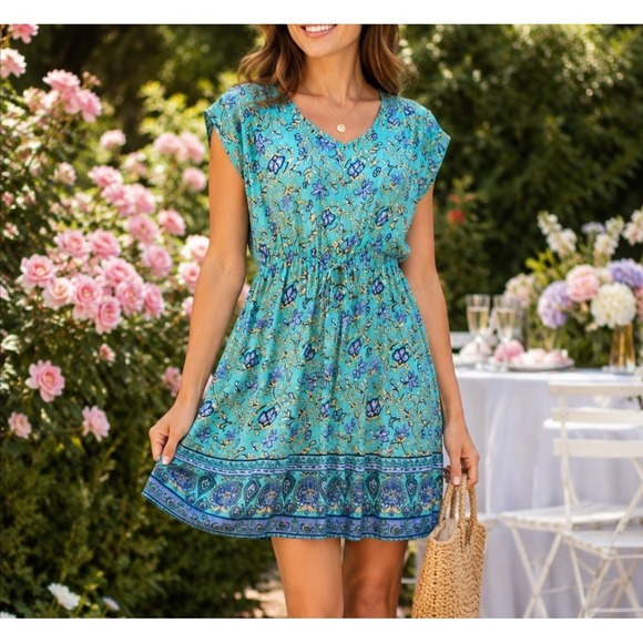 Wild Rose Boho Dresses & Skirts - Wild Rose Women's Medium Pleated Skirt Floral Dress Teal Bohemian Peasant Flowy